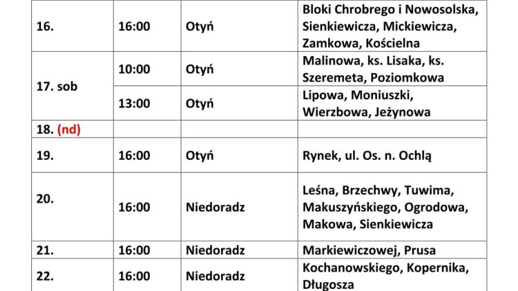 Plan kolędy  12-26 stycznia